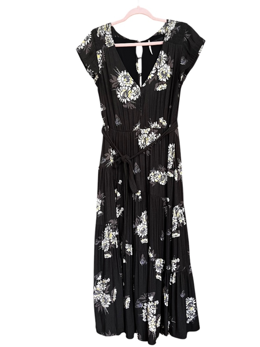 FREE PEOPLE All I Got Black Floral V-Neck Tiered Belted Boho Maxi Dress SZ 10 - Picture 2 of 13
